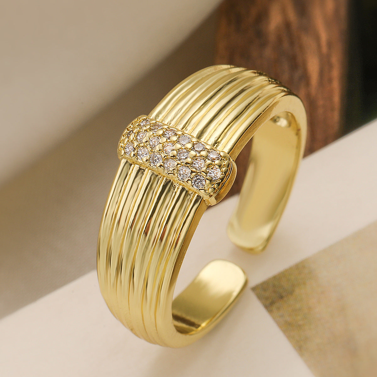 Minimalist Geometric Open Ring for Women Made of Brass with 18K Gold Plating and Zircon Inlay