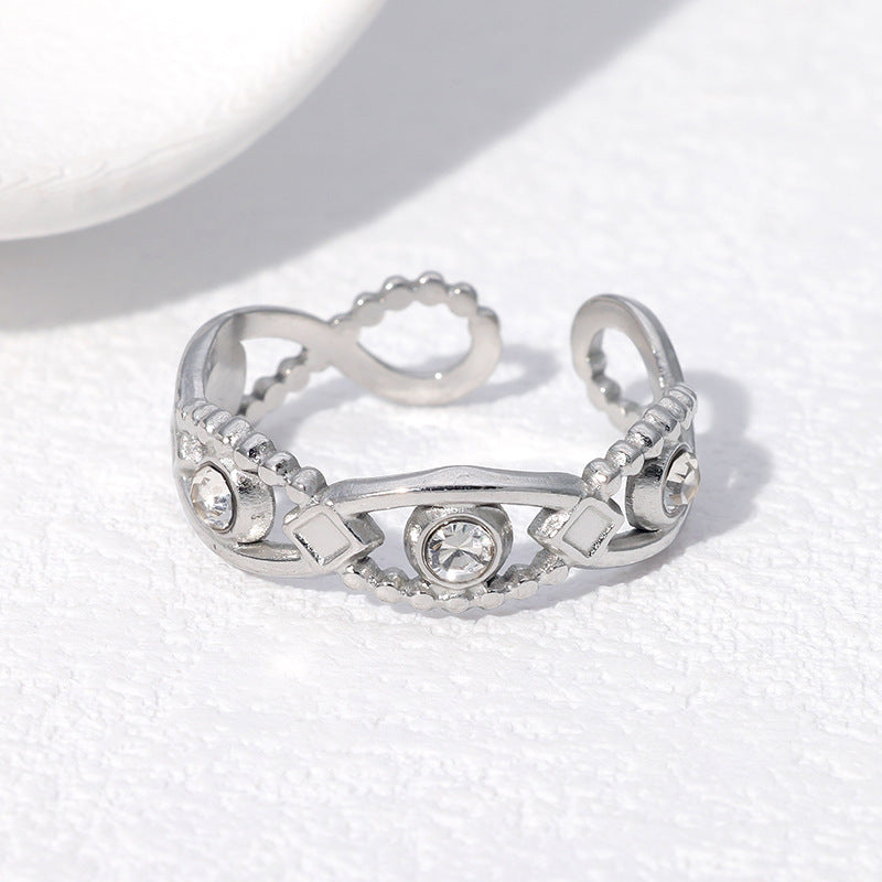 Minimalist Elegant Open-Style Eye-Shaped Rhinestone-Set Gold-Plated Stainless Steel Ring for Women