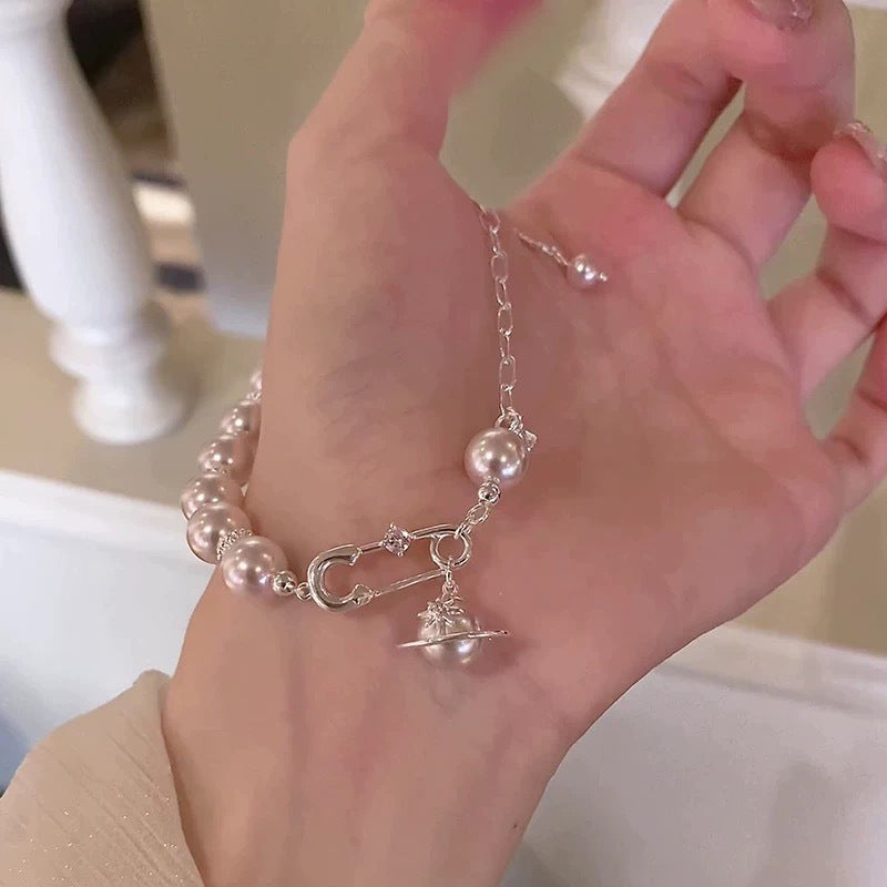 Elegante bracciale vintage francese Saturno da donna con perline in rame placcato, design a stella geometrico, gioielli a mano di lusso minimalista