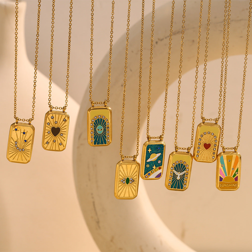 Vintage Elegant Geometric Square Stainless Steel Gold Plated Drip Oil Tarot Pendant Necklace for Women