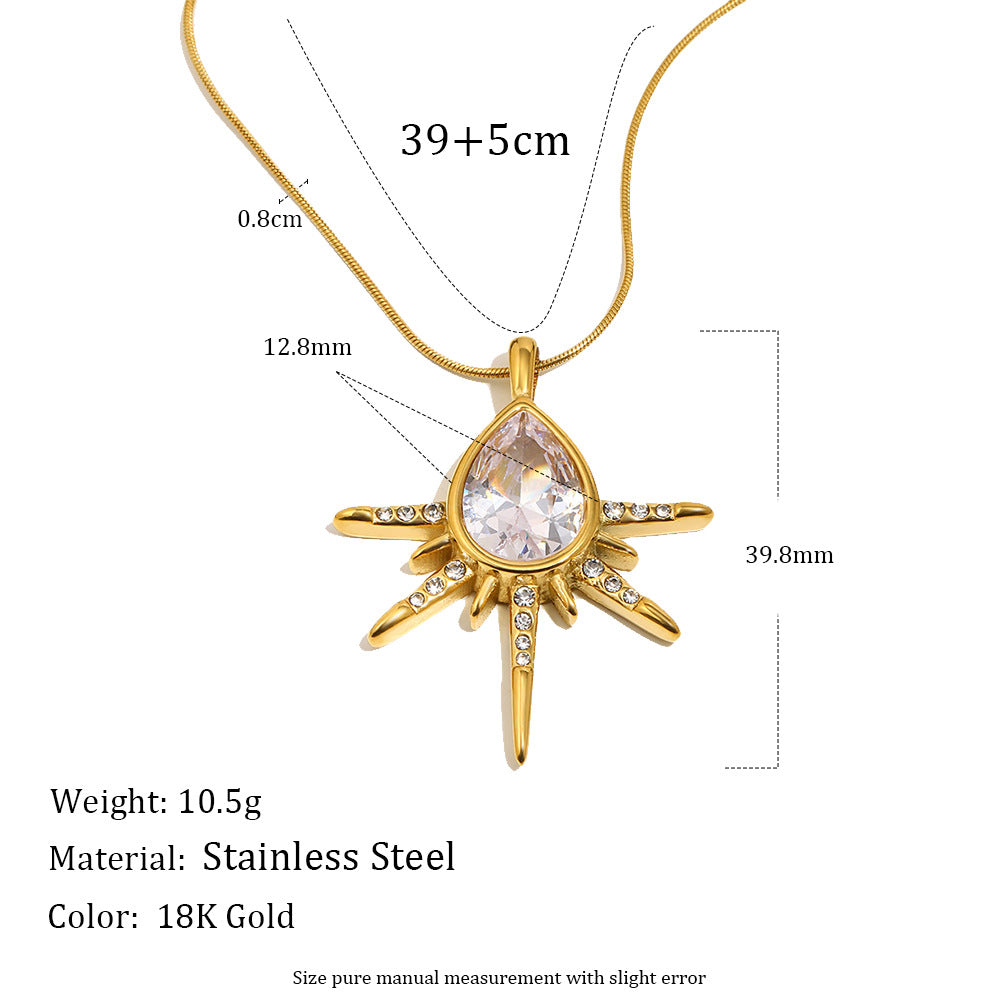 Luxury Elegant 18K Gold Plated Teardrop Star Stainless Steel Necklace with Cubic Zirconia for Women