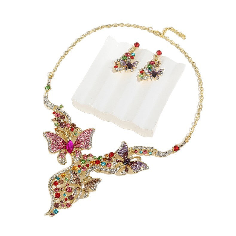 Sweet Elegant Butterfly Rhinestone Alloy Plated Necklace and Earring Set with Cable Chain for Women