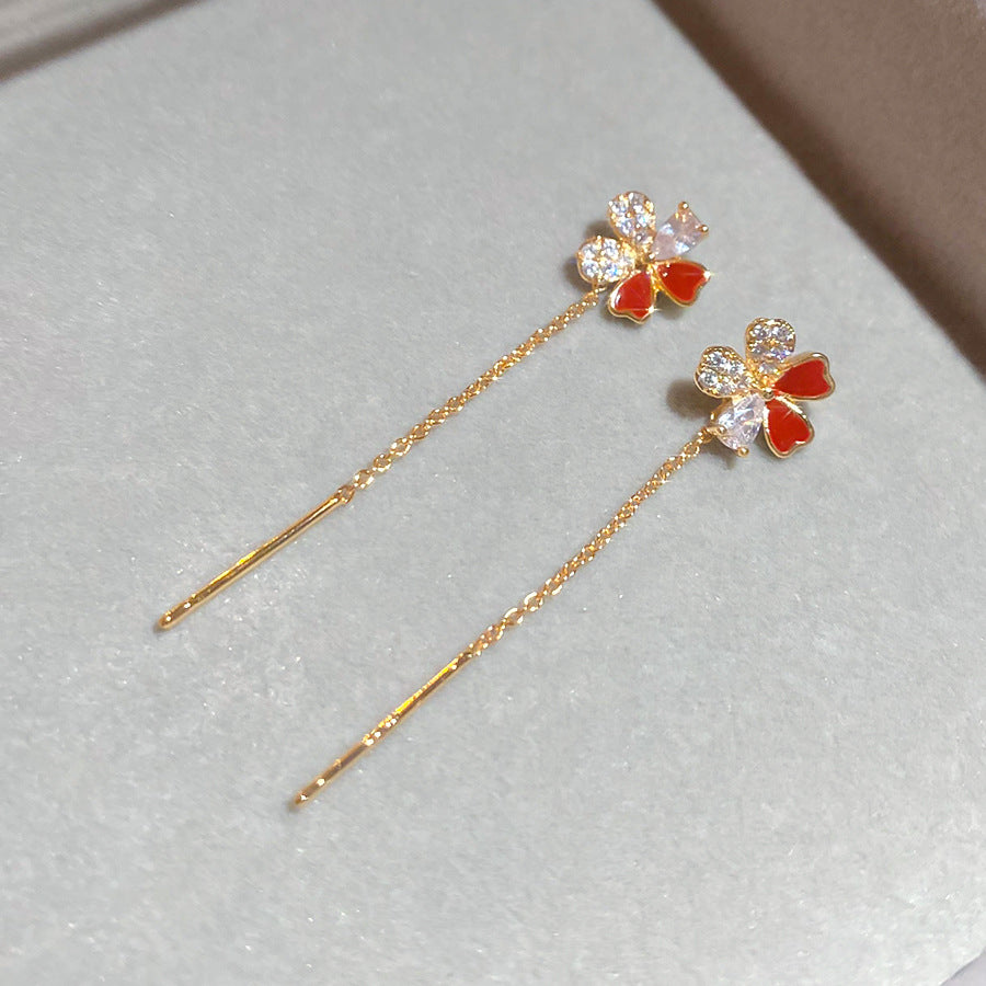 Orecchini Floreali Eleganti Vintage con Base in Rame Placcato Oro, Intarsio di Zirconi, Finitura Smaltata, Perni in Acciaio Inossidabile da Donna