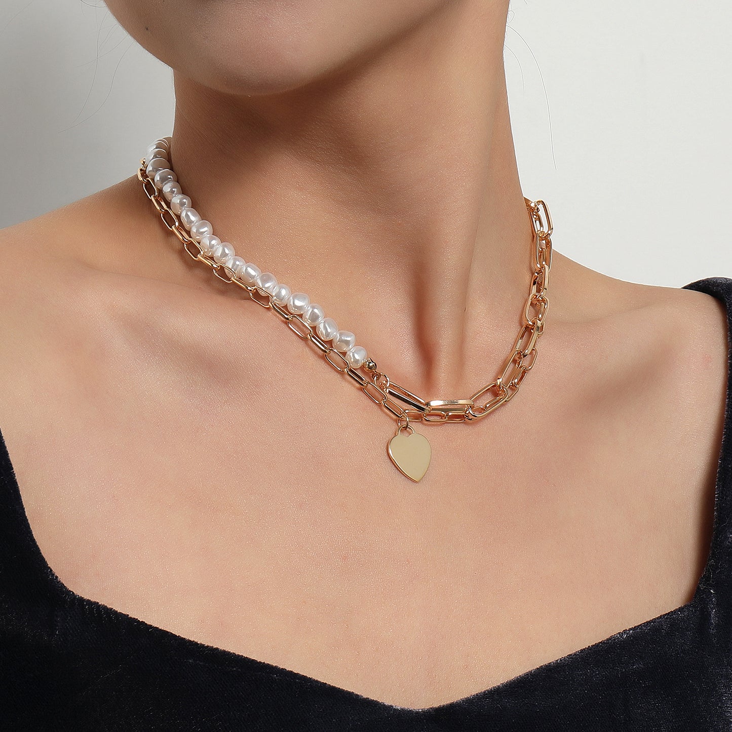 Fashion Polished Heart Pendant Necklace for Women Alloy Double Layer Chunky Chain