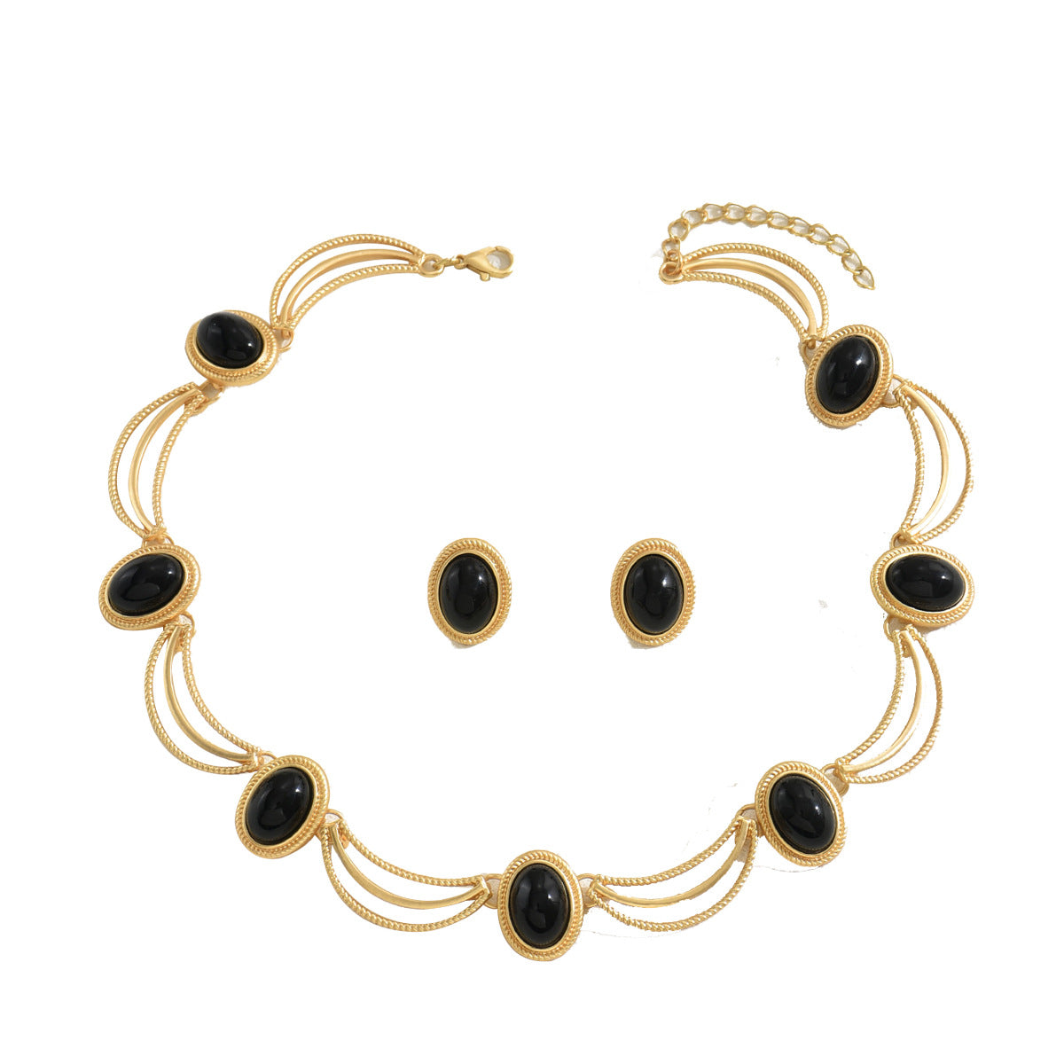 Conjunto de collar y pendientes geométricos de estilo vintage para mujer de aleación de zinc con incrustaciones de piedras preciosas artificiales cadena a la clavícula
