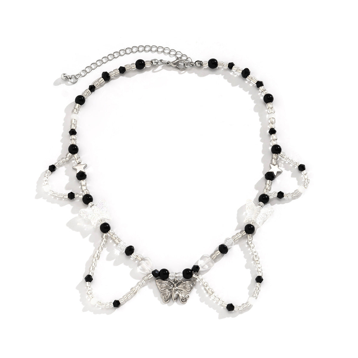 Collana con pendente a forma di cuore di farfalla minimalista con catena in lega, dettagli in strass e perline, nappe pendenti effetto perla, finitura galvanizzata
