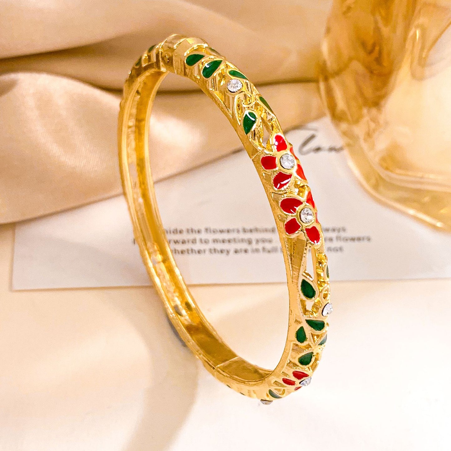 Elegant Floral Enamel Cubic Zirconia Inlaid Alloy Bangle Bracelet