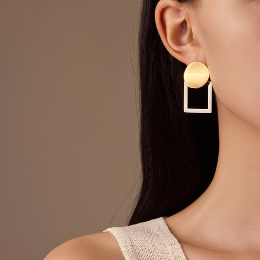 Fashionable Geometric Stainless Steel Earrings with Plated Finish, Round and Square Cutout Design for Women