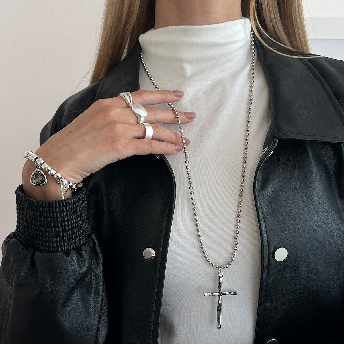 Minimalist Matte Plated Alloy Cross Moon Heart Pendant Necklace and Ring Set for Women