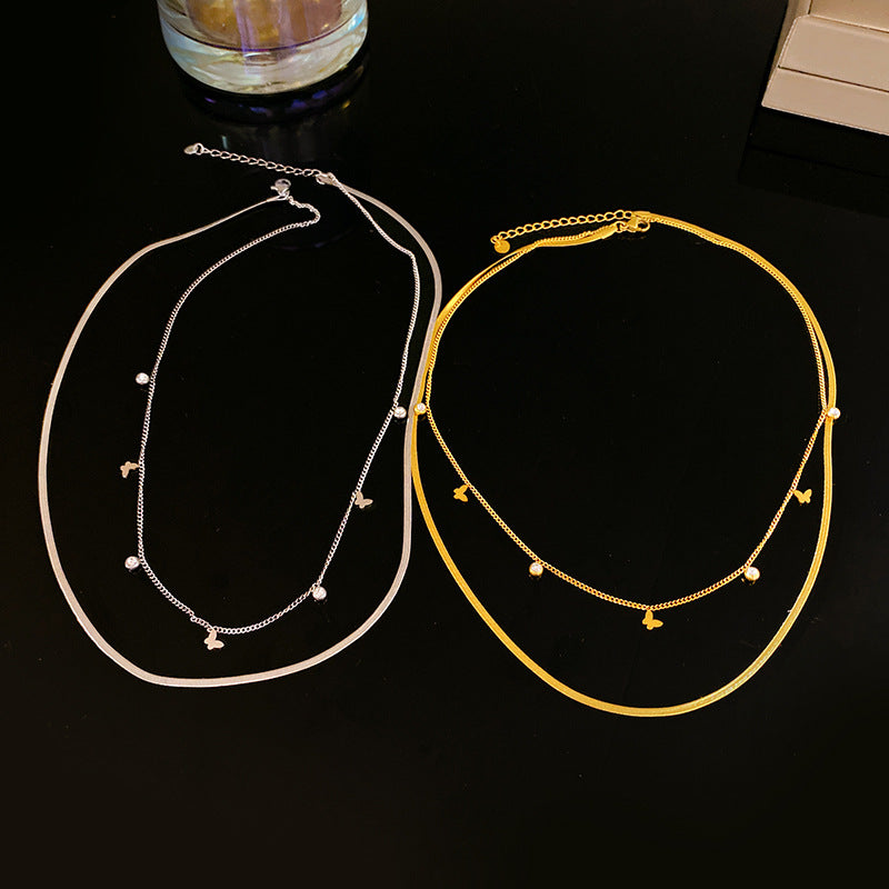 Layered Butterfly Cubic Zirconia Titanium Steel Snake Chain Necklace