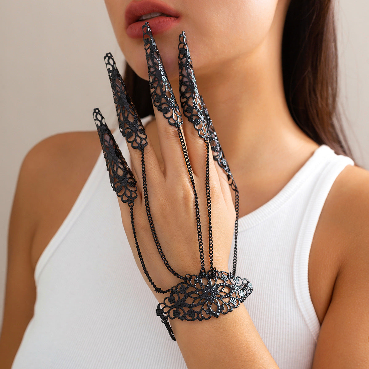 Gothic Punk Plated Alloy Geometric Floral Finger Chain Bracelet for Women