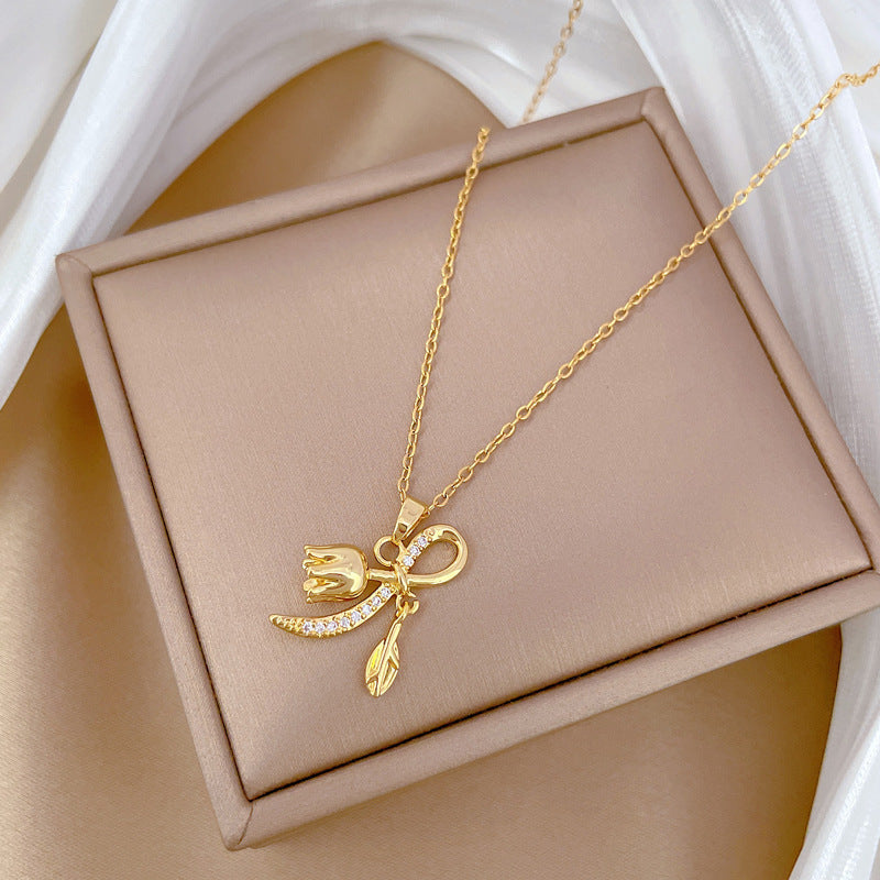 Minimalist Geometric Bell Orchid Necklace for Women and Men Stainless Steel Chain with Copper Pendant and Rhinestone Accents