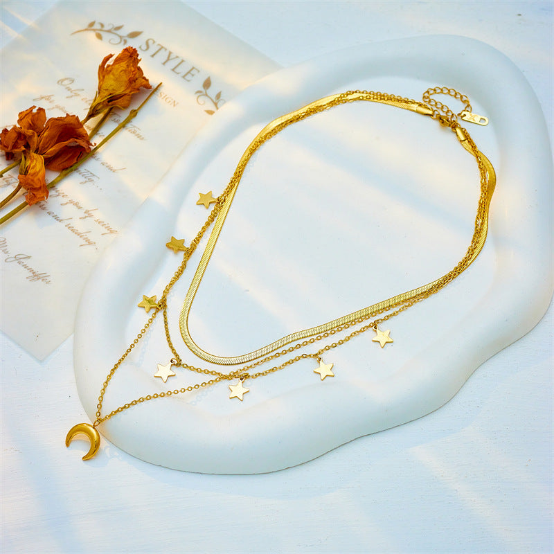 Collana Pendente Stella e Luna Stile Vintage in Acciaio Inox Lucido con Catena a Serpente da Donna