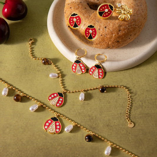 Fashion-Forward Ladybug Pendant Necklace Set in Stainless Steel with Plated Finish for Women Includes Earrings Bracelet and Necklace