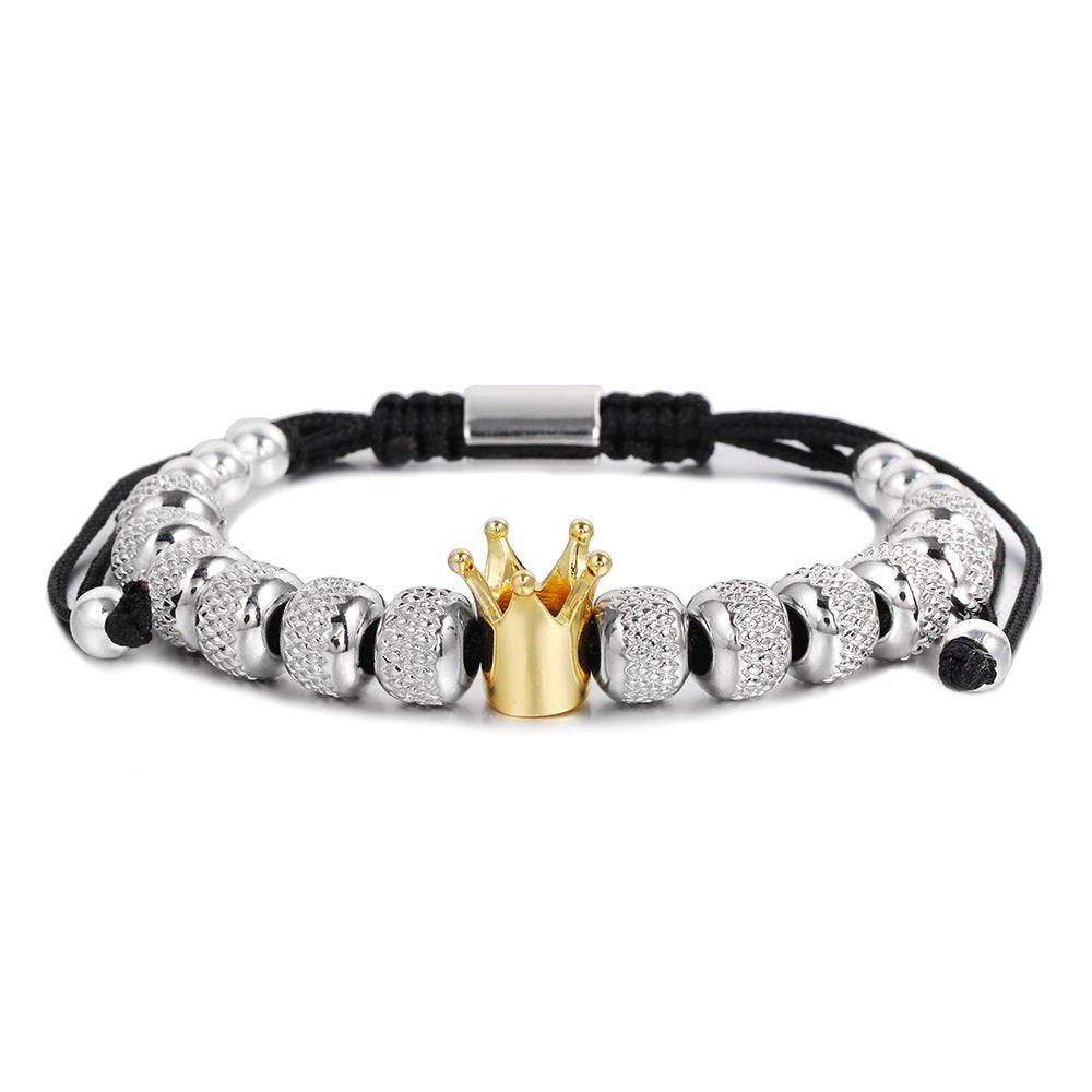 Vintage Geometric Crown Stainless Steel Brass Beaded Bracelet for Men and Women
