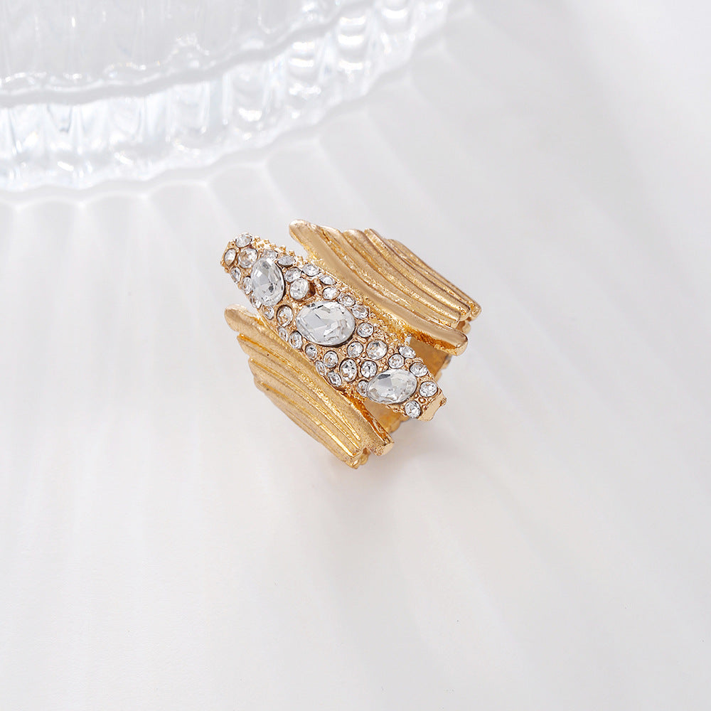 Geometric Rhinestone Inlay Brass Ring for Women and Men