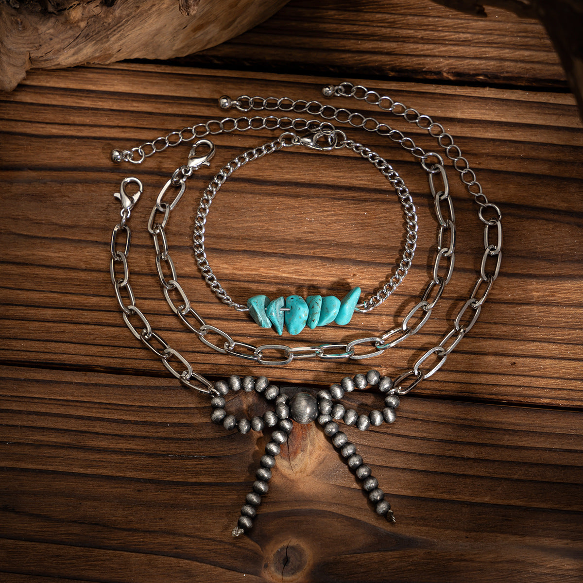 Collana con ciondolo a fiocco vintage da donna con design geometrico, catena in ferro placcato rame elettrolitico, collana a corda annodata regolabile