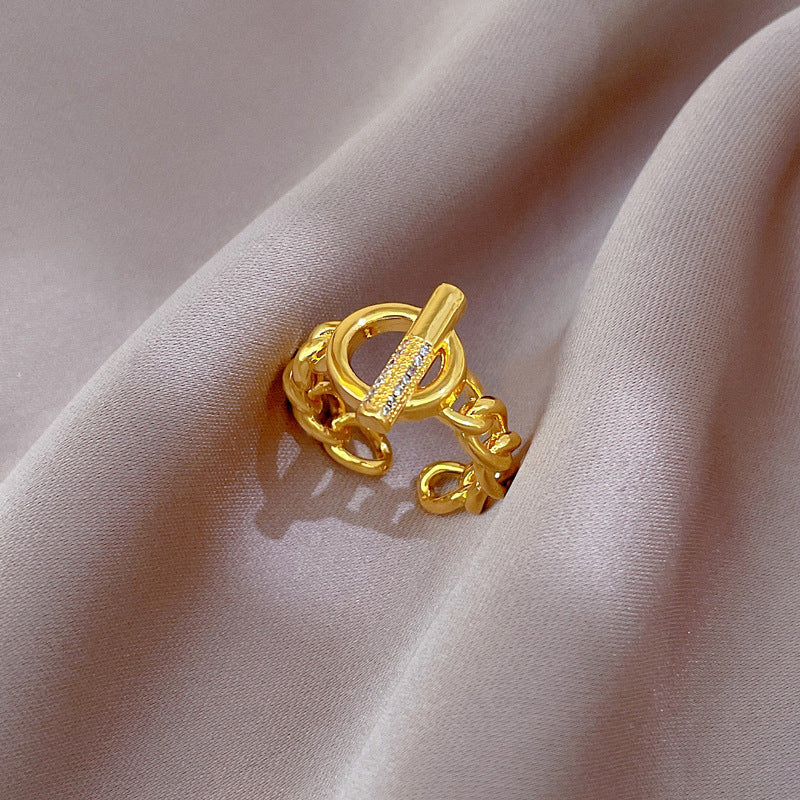 Minimalist Adjustable Open Ring for Women with Crown Shape in Brass and Zircon Inlay