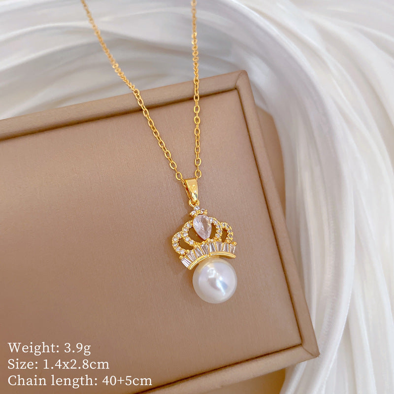 Minimalist Geometric Titanium Steel Necklace and Earrings Set with Rhinestone Inlay and Pearl Accents for Women
