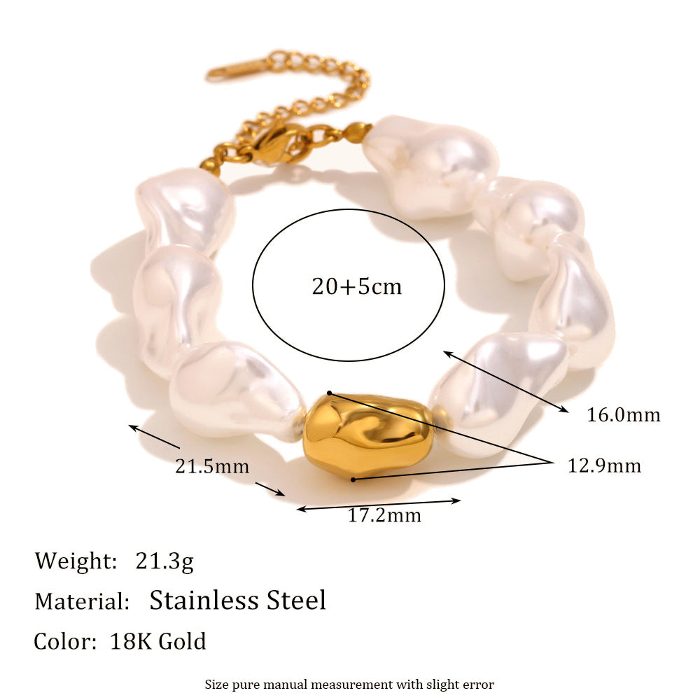 Conjunto de collar y pulsera de perlas barrocas geométricas de estilo vintage francés para mujer en acero inoxidable con baño de oro de 18 quilates