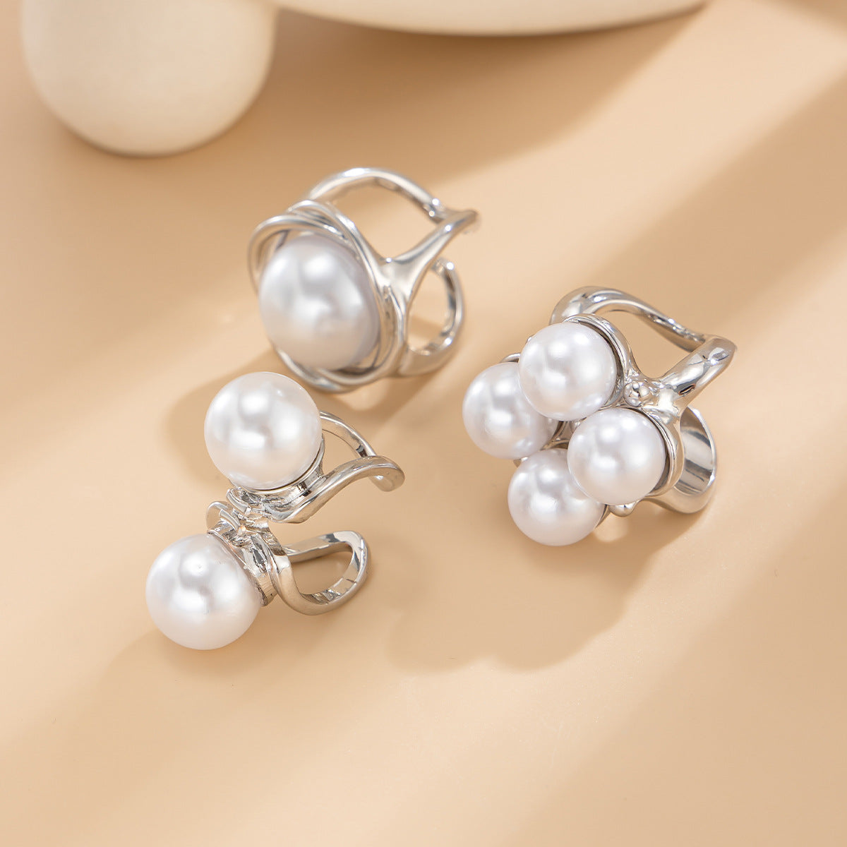 Vintage Geometric Hollow Imitation Pearl Plated Alloy Ring Set for Women