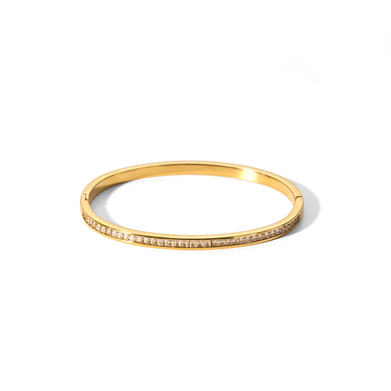 Vintage Minimalist 18K Gold Plated Titanium Steel Cuff Bracelet with White Zircon Inlay for Women