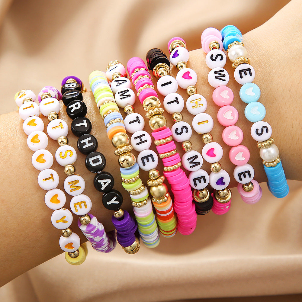 Bohemian Geometric Letter Polymer Clay Brass Acrylic Bracelet Set for Women