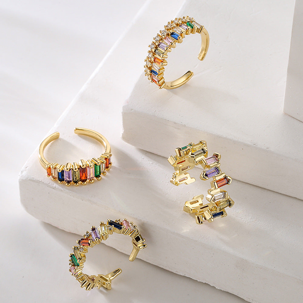 Geometric Open Ring in Copper with 18K Gold Plating and Rainbow Zircon Inlay for Women
