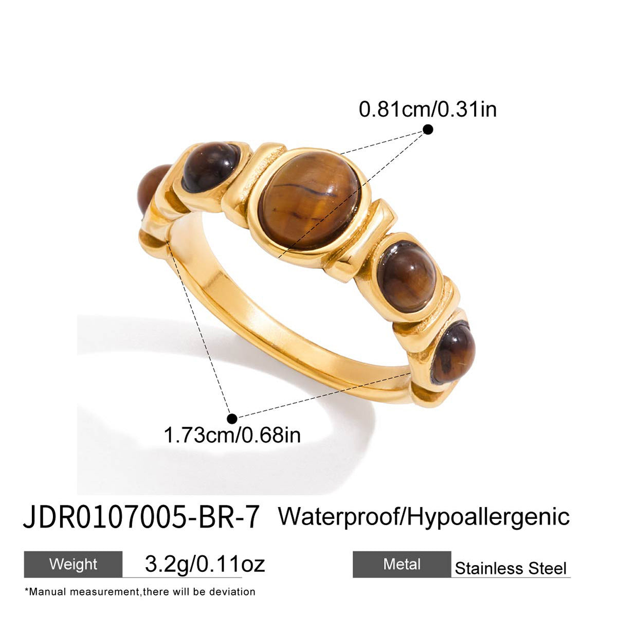 Fashion Geometric Round Tiger's Eye Stainless Steel Ring with 18K Gold PVD Finish for Women
