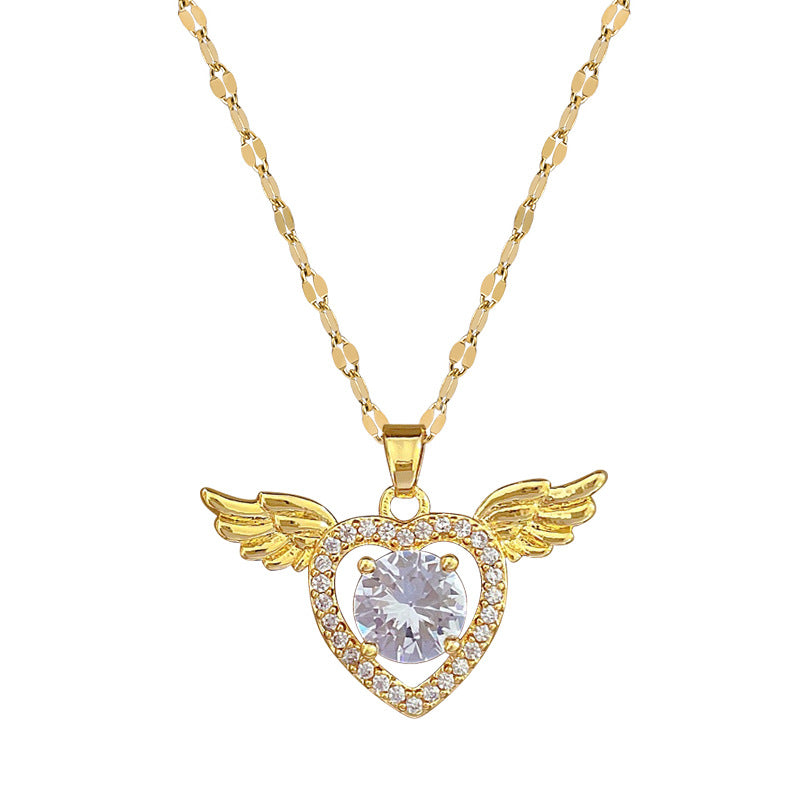 Collar Minimalista de Corazón y Ala en Acero Inoxidable con Acentos de Pedrería para Mujer y Uso Unisex