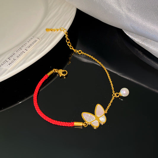 Vintage Luxury Geometric Butterfly Titanium Steel Plated Bracelet with Red Cord