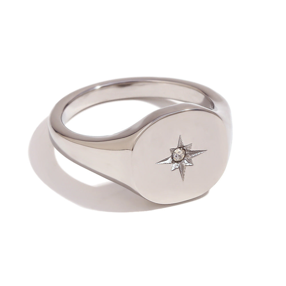 Minimalist Geometric Stainless Steel Ring with 18K Gold Plating Featuring Octagram Star Seal Design for Women