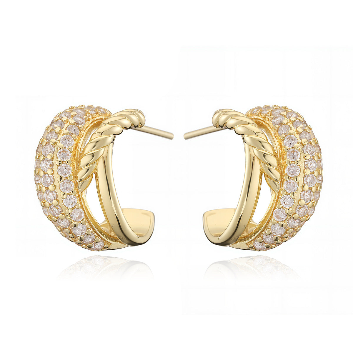 Pendientes de Cobre en Forma de C Geométrica con Chapado en Oro de 18K y Circonitas Microengastadas para Mujer