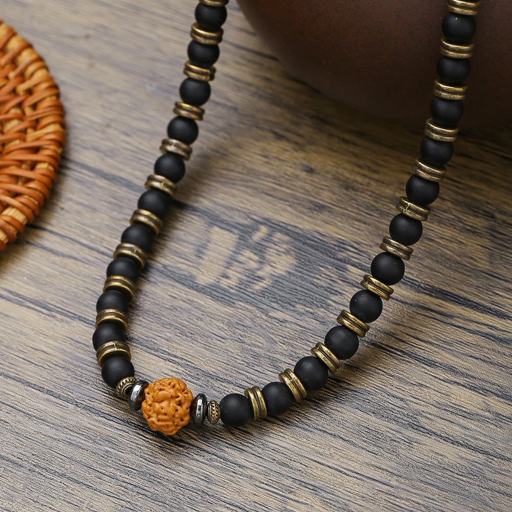 Hip-hop Bohemian Geometric Round Matte Acrylic Men's Beaded Necklace with Stone Pendant
