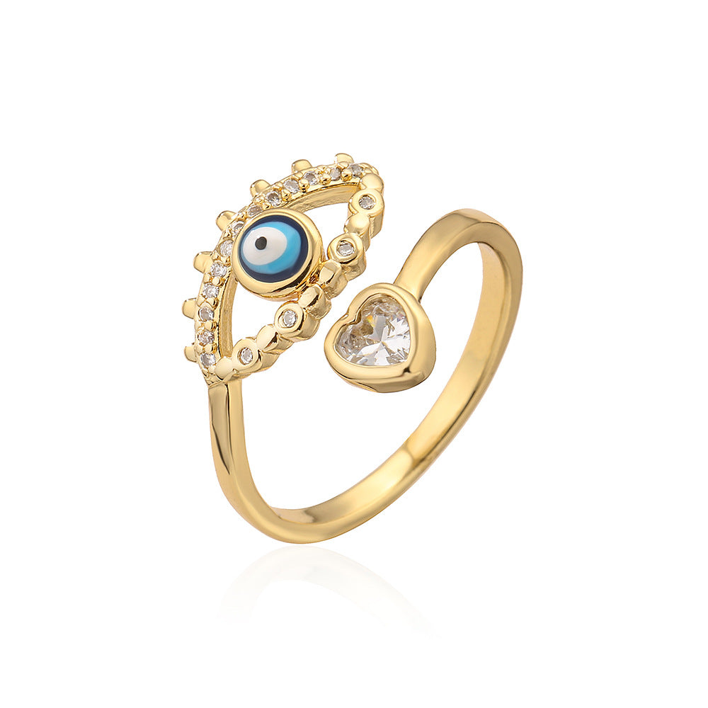 Minimalist Evil Eye Ring for Women Made of Copper with Micro-Pave Zirconia and Enamel Finish
