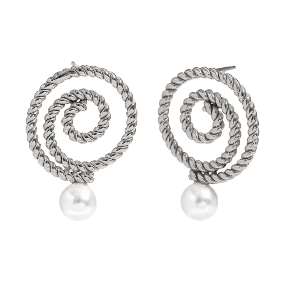 Fashionable Floral Frame Circle Pearl Stud Earrings for Women in Stainless Steel with 18K Gold Plating