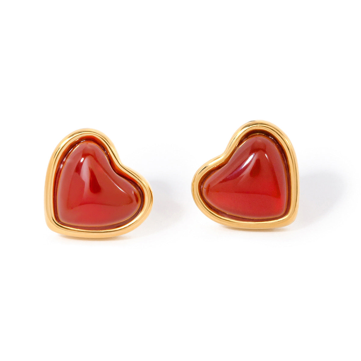 Minimalist Geometric Stainless Steel Earrings with 18K Gold Plating and Red Heart Inlay for Women