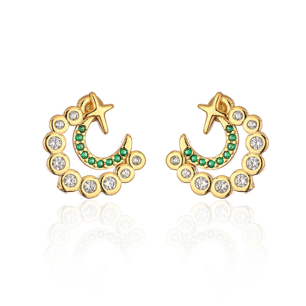 Minimalist Geometric Moon and Star Stud Earrings in Copper with 18K Gold Plating and Micro-Pave Zirconia