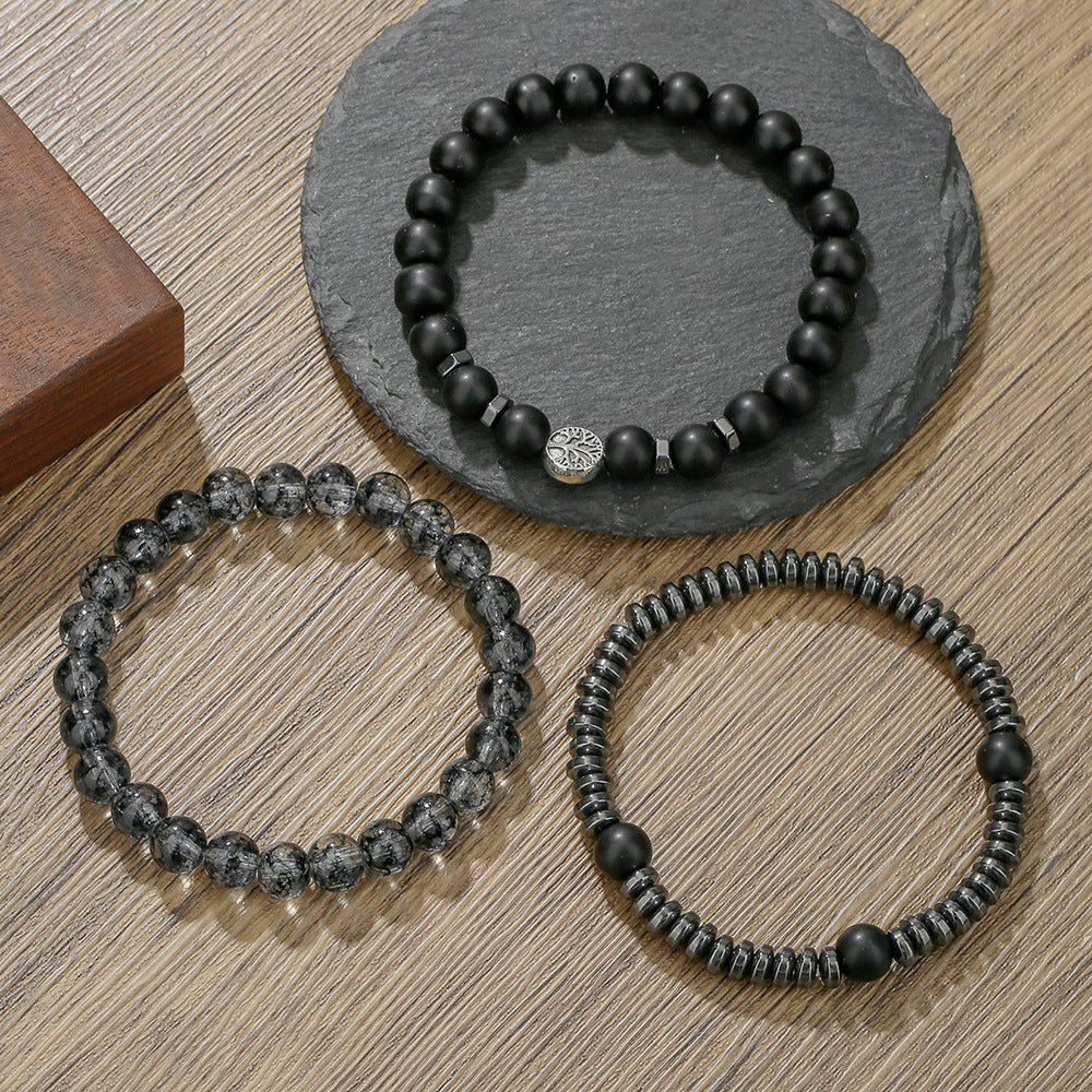 Bohemian Vintage Round Matte Hematite Bead Bracelet Set Alloy Tree of Life Multi-layer Stacking