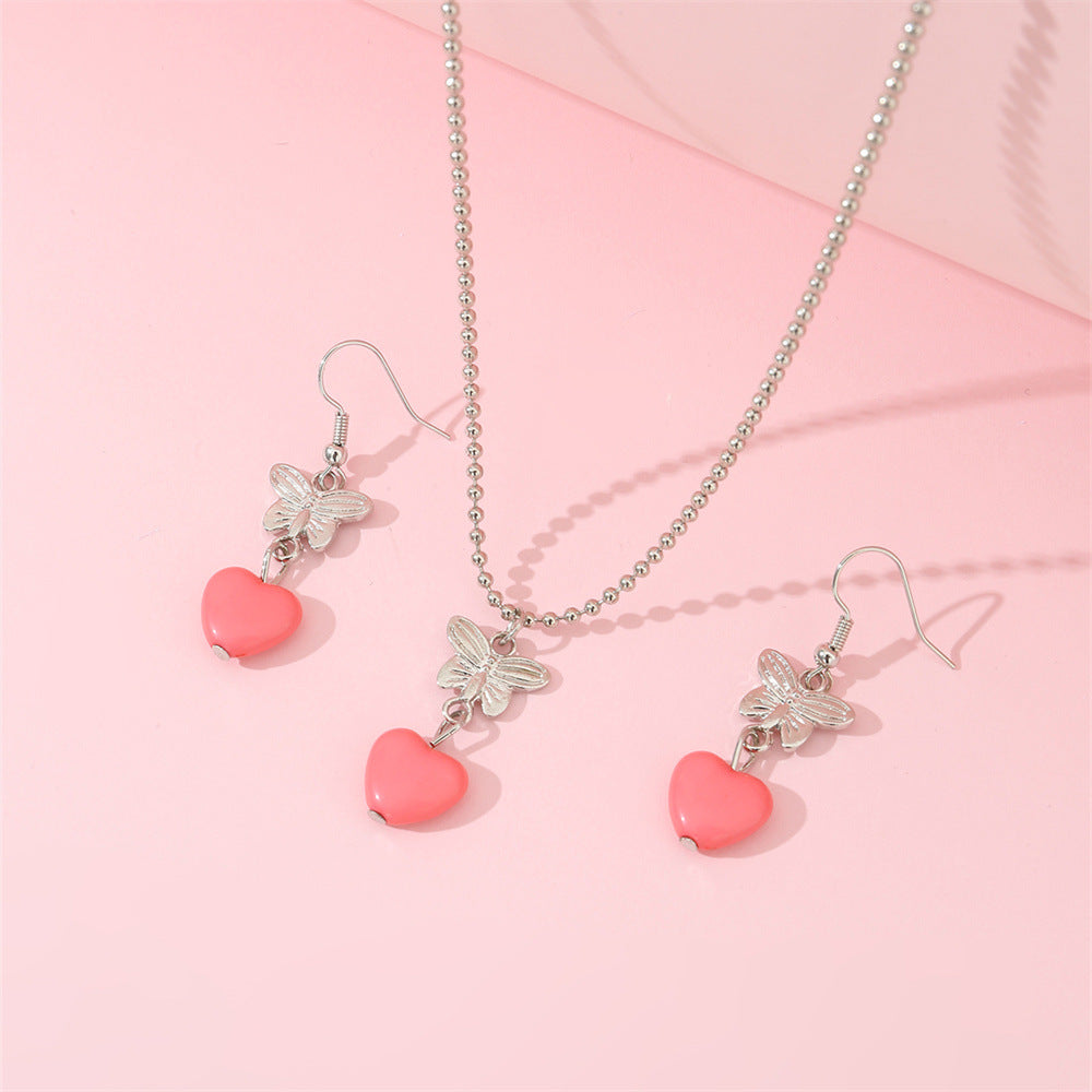 Set Collana con Ciondolo a Farfalla e Cuore in Resina con Catena di Perline per Bambini