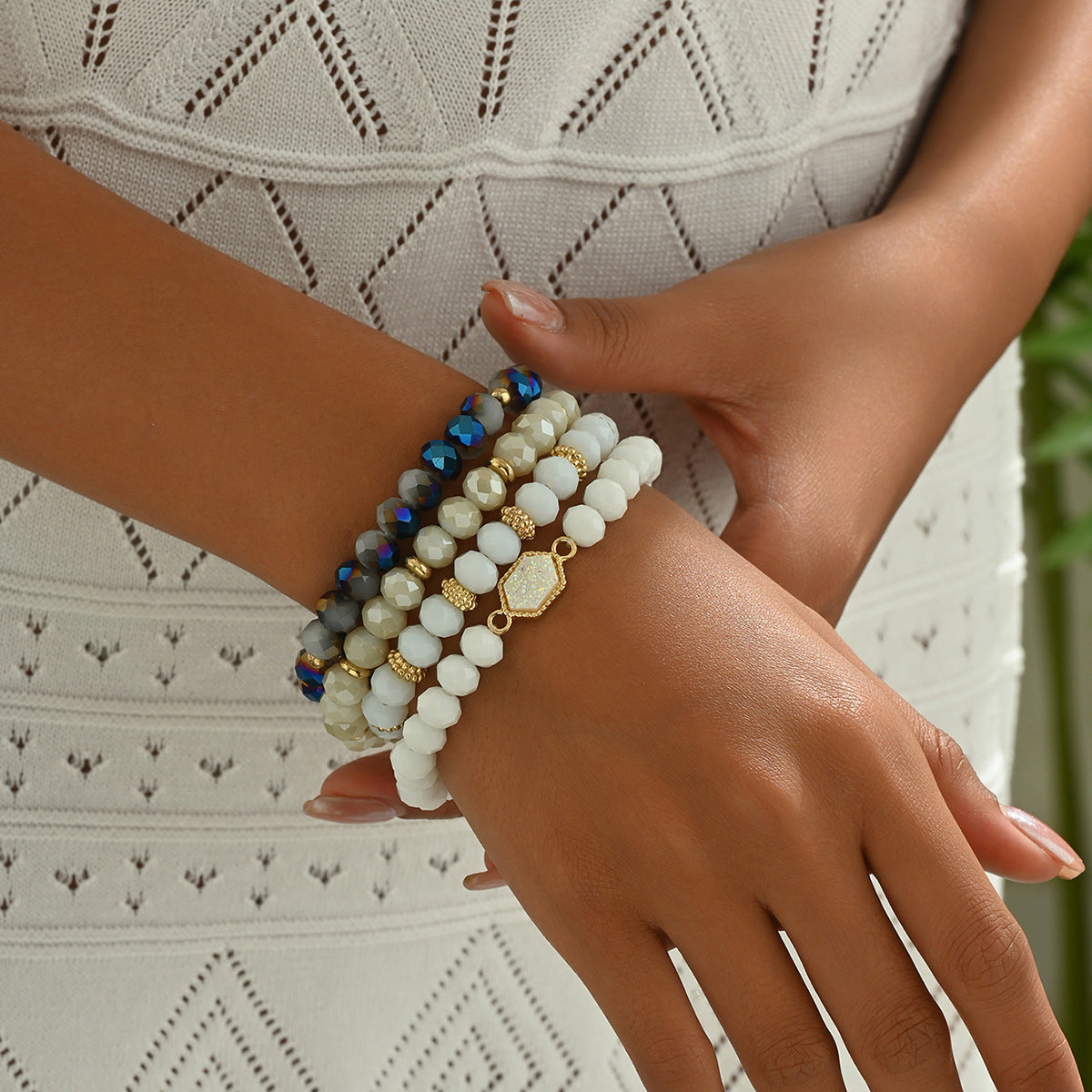 Minimalist Geometric Beaded Bracelet Set for Women with Crystal Accents and Alloy Inlay Handwoven Design