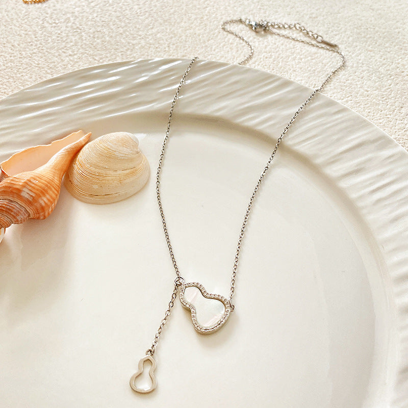 Unique Minimalist Titanium Steel Gourd Pendant Necklace with Shell Inlay and Tassel