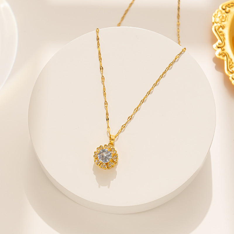 Luxury Rotating Double-Layer Heart-Shaped Petal Pendant Necklace in Titanium Steel with Micro-Pavé Zirconia and Wavy Chain