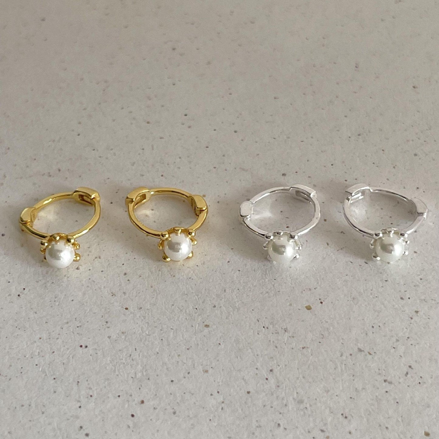 Minimalist Pearl Stud Earrings in 925 Sterling Silver with Gold Plating, Letter-Shaped Design