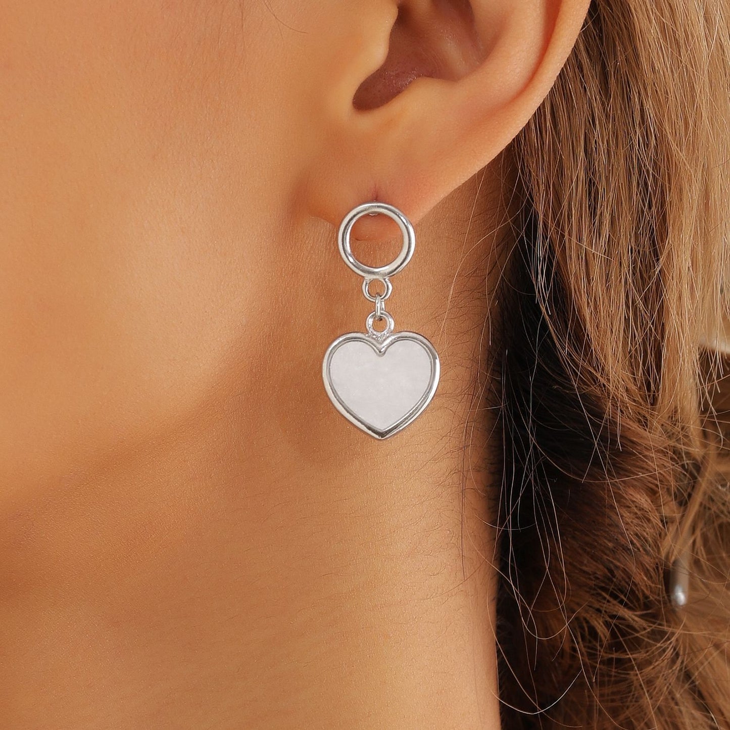 Geometric Hollow Circular Ear Studs with Mother-of-Pearl Inspired Heart Pendant in Plated Metal for Women