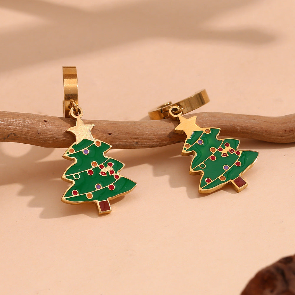 Cute Cartoon Christmas Tree Pendant Earrings in Stainless Steel with 18K Gold Plating for Women