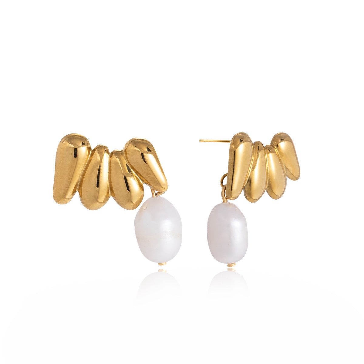 Geometric Stainless Steel PVD Gold Plated Freshwater Pearl Stud Earrings for Women
