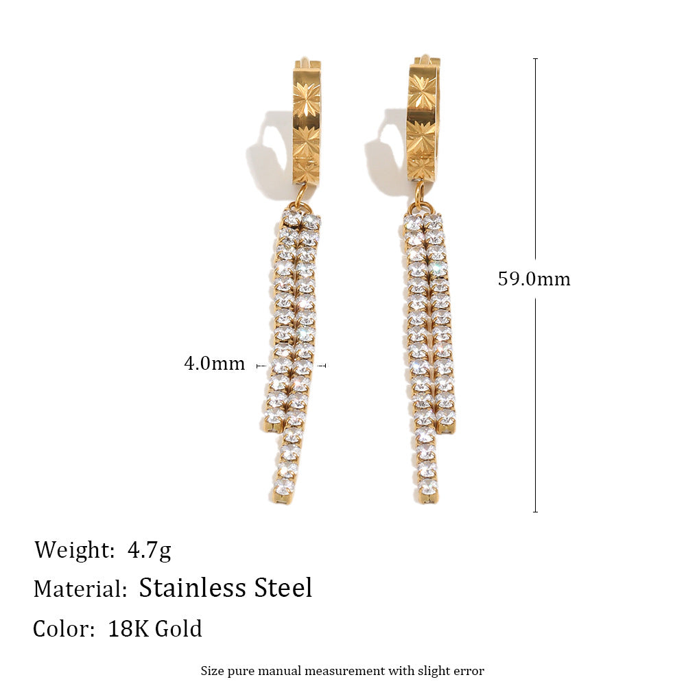 Orecchini a cerchio pendenti lunghi da donna, eleganti, geometrici, in acciaio inossidabile placcato oro con zirconi cubici