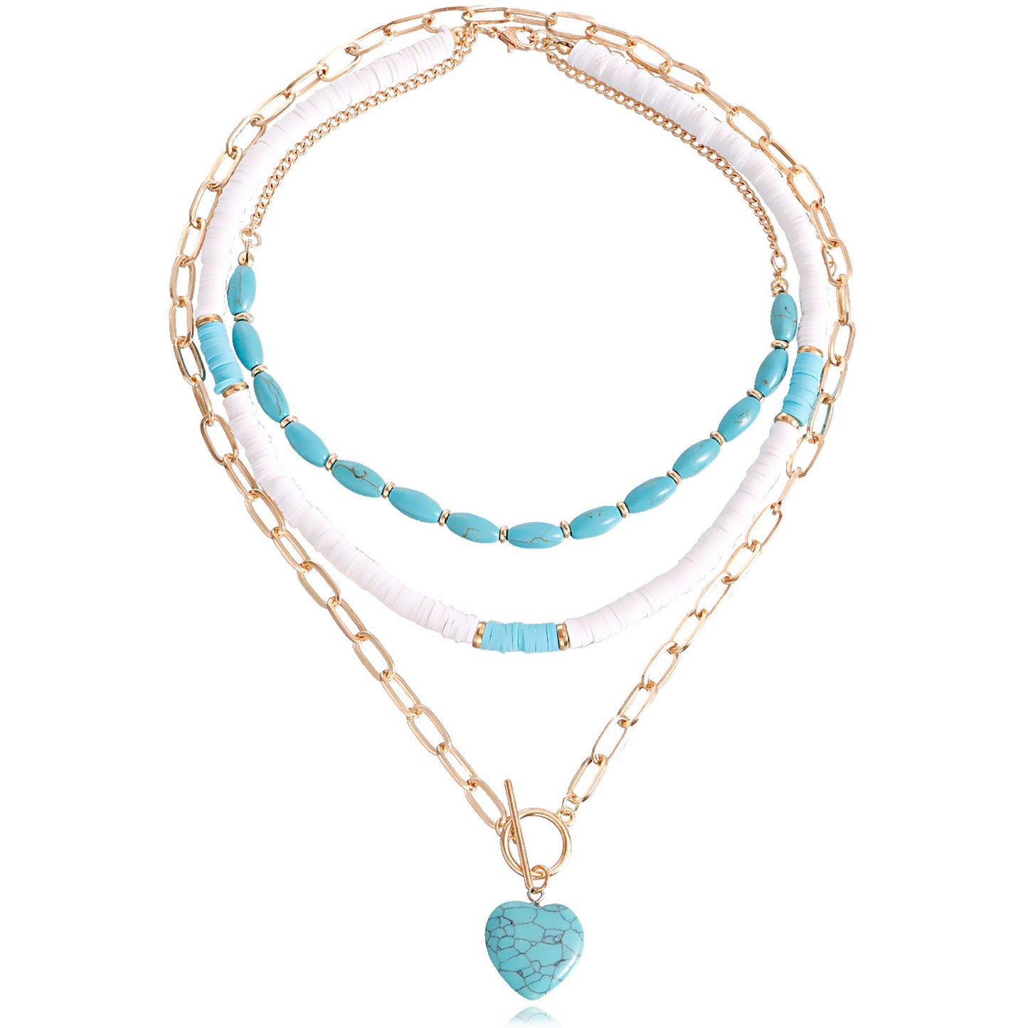 Bohemian Turquoise Heart Pendant Necklace for Women with Alloy Material and Electroplated Finish in Geometric Design
