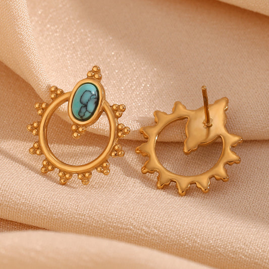 Orecchini a perno ovali geometrici bohémien stile vintage con turchese, da donna, in acciaio al titanio placcato oro 18K